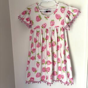 BAD KITTY Strawberry Pom Pom Ruffle Sleeve Summer Dress Girl's Size 4-5T #M